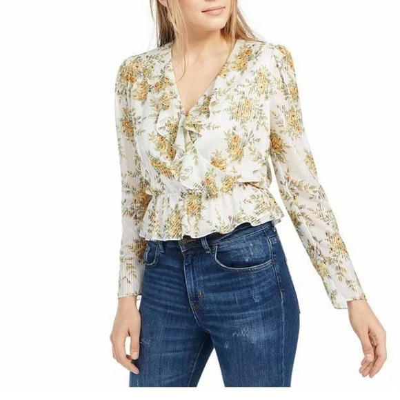Leyden Tops - Golden Bouquet Mock Wrap Peplum Long Sleeve